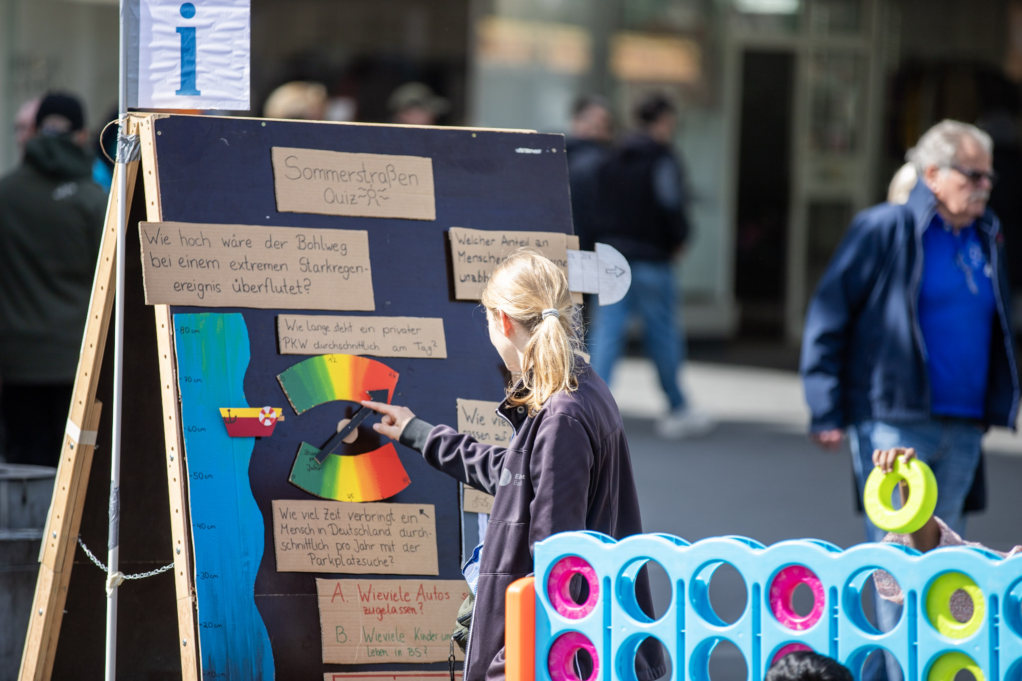 Das Bild zeigt die Infotafel von der Sommerstraße im April 2025 auf dem Bohlweg. Auf der Tafel hängen viele Karten, die Teil des "Sommerstraßen-Quiz" sind. Teil des Quiz sind unter anderem die Fragen "Wie hoch wäre der Bohlweg bei einem extremen Starkregenereignis überflutet?" oder "Wie lange steht ein privater PKW durchschnittlich am Tag?". Um eine Antwort zu geben, müssen Zeiger und Schieberegler bewegt werden, um das Quiz interaktiv zu gestalten.