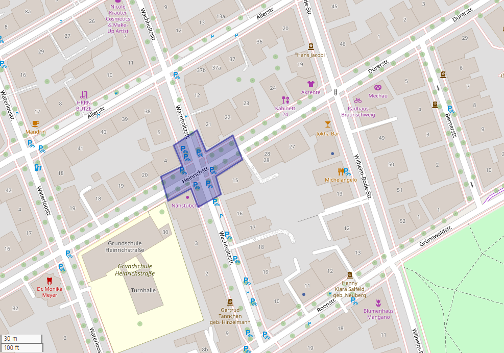 Eine Karte, die einen Ausschnitt des Östlichen Ringgebiets zeigt. Besonders hervorgehoben ist die Kreuzung Heinrichstracke, Ecke Wachholtzstraße. Jeweils innerhalb der ersten Grundstückseinfahrten.