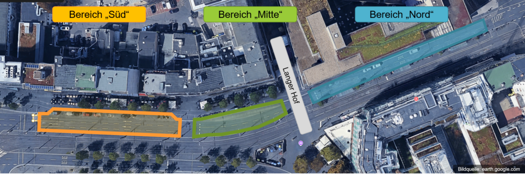 Eine Abbildung aus der Vogelperspektive (von oben) auf den Bohlweg zwischen Georg-Eckert-Straße und Steinweg. Die Bereche sind jeweils auf der Straße der Schloss-abgewandten Seite.
Der Bereich "Süd" geht von der Georg-Eckert-Straße bis zu der Ampel auf Höhe des Schlosseingangs der Schloss-Arkaden. Der Bereich "Mitte" geht von dort bis zum Langen Hof. Der Bereich "Nord" geht von dort bis zum Steinweg.