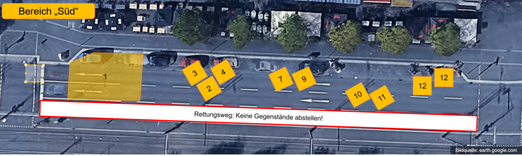 Auf diesem Bild ist der Bereich "Süd" (auch Vogelpersepktive) näher dargestellt. Es sind Standpositionen markiert.
Ganz im Süden ist eine größere Freifläche mit der Position 1 benannt. 
Dann kommen Pos. 3, 2 und 4 als Grüppchen. Dann kommen Pos. 7 und 9 als Grüppchen. Dann kommen Pos. 10 und 11 als Grüppchen. Dann kommen zwei Stände der Pos. 12.
Der Innerste Fahrstreifen wurde als freizuhaltender Rettungsweg markiert.