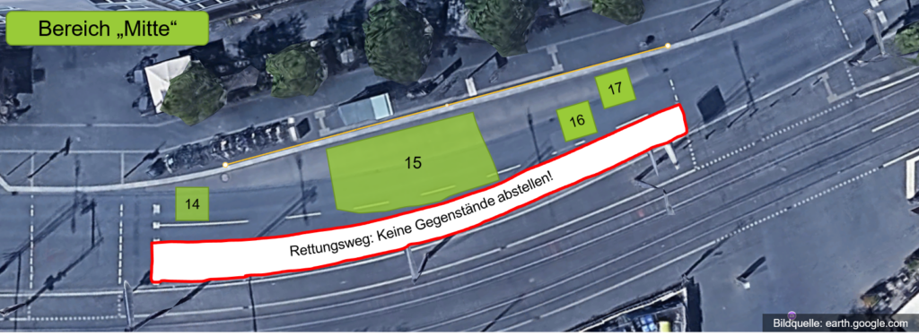 Auf diesem Bild ist der Bereich "Mitte" (auch Vogelpersepktive) näher dargestellt. Es sind Standpositionen markiert.
Im Süden ist Pos. 14 gegeben.
Dann kommt mit Pos. 15 wieder eine größere Freifläche mit Fläche für verschiedene Angebote.
Dann kommen Pos. 16 und Pos. 17 als Grüppchen im Norden des Bereichs "Mitte".
Der Innerste Fahrstreifen wurde als freizuhaltender Rettungsweg markiert.