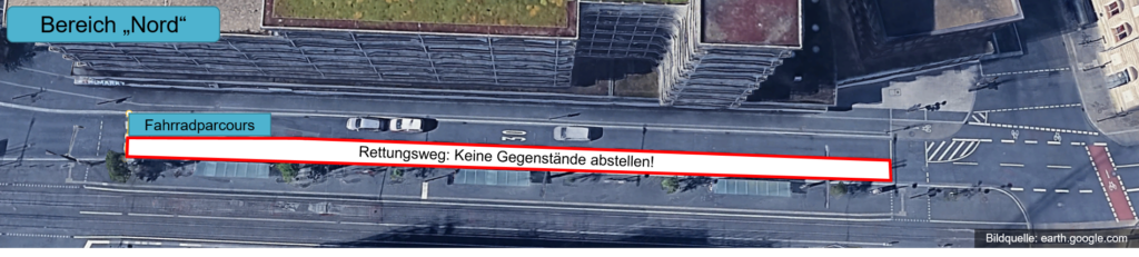 Auf diesem Bild ist der Bereich "Nord" (auch Vogelpersepktive) näher dargestellt. 
Ganz im Südes des Bereichs ist eine Fläche als "Fahrradparcours" (ohne Positionsnummer) markiert.
Der Innerste Fahrstreifen wurde als freizuhaltender Rettungsweg markiert.